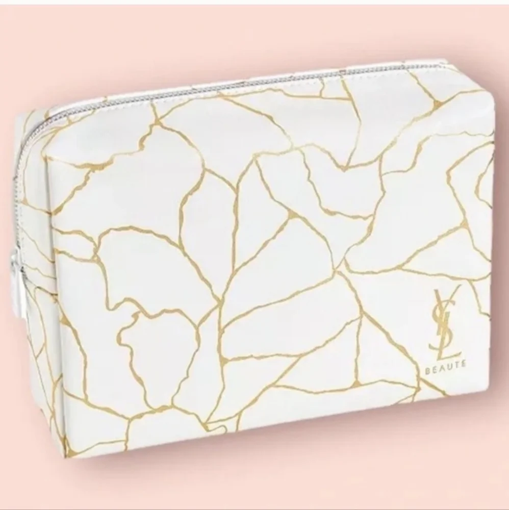 Yves Saint Laurent YSL Beauté Cosmetic Makeup Bag White & Gold Abstract